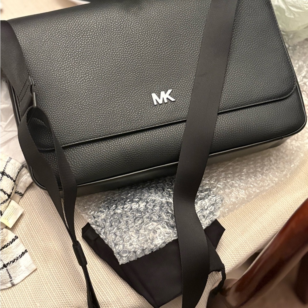 Michael Kors Black Messenger Bag with Pebbled Texture